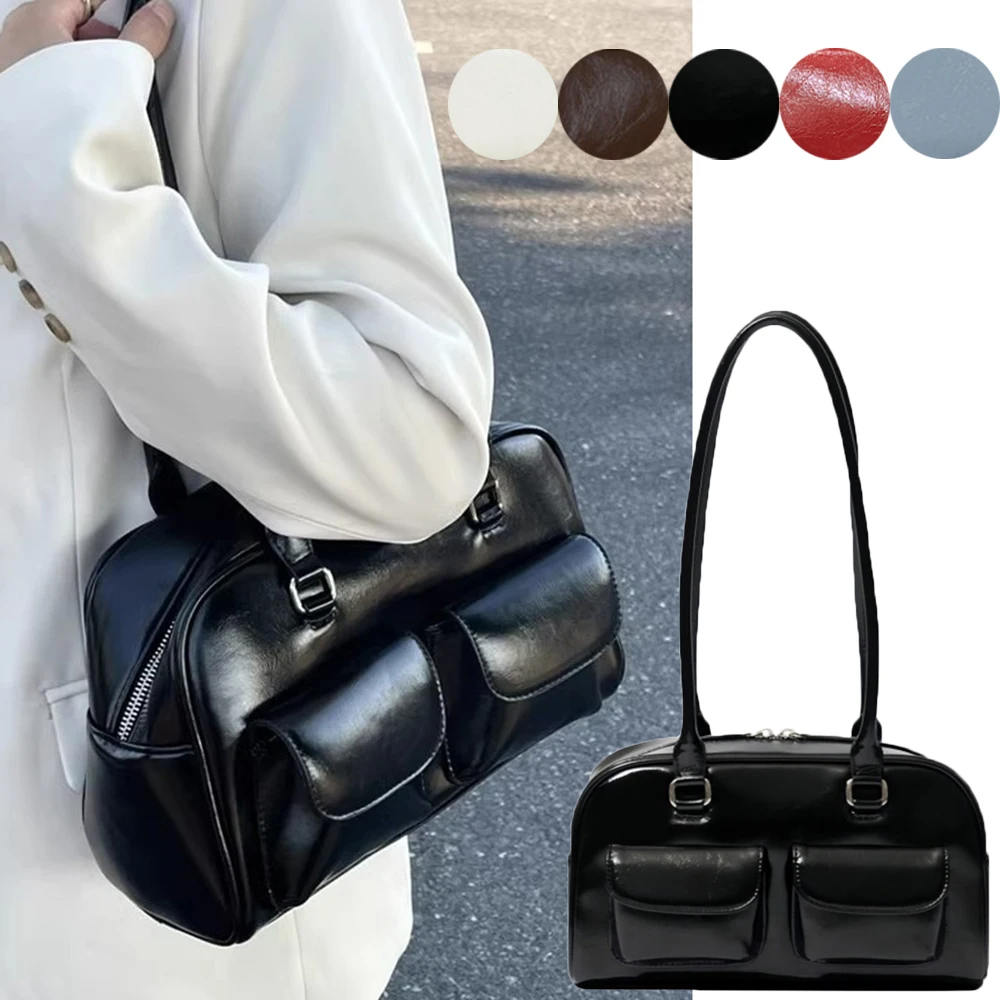 Oil Wax Leather Multi Pocket Armpit Bag Korea Designer Bowling Box Handbag Boston Tote Bag Shoulder Chubby Bags For Women