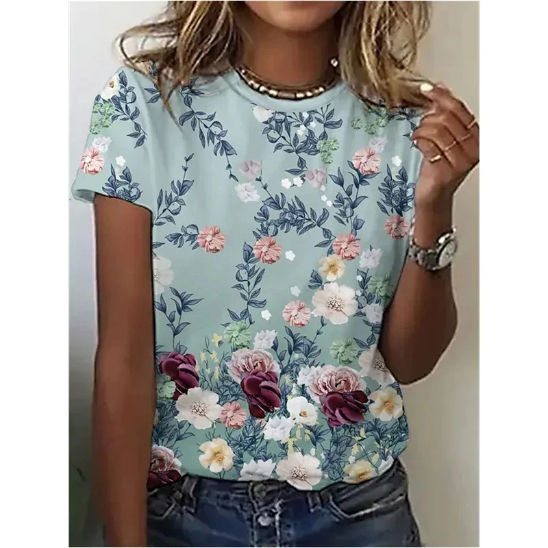 Letnia koszulka 3D Butterfly Peach Blossom Print Kwiatowy wzór Damska koszulka sportowa z krótkim rękawem Street Casual Top T-shirt