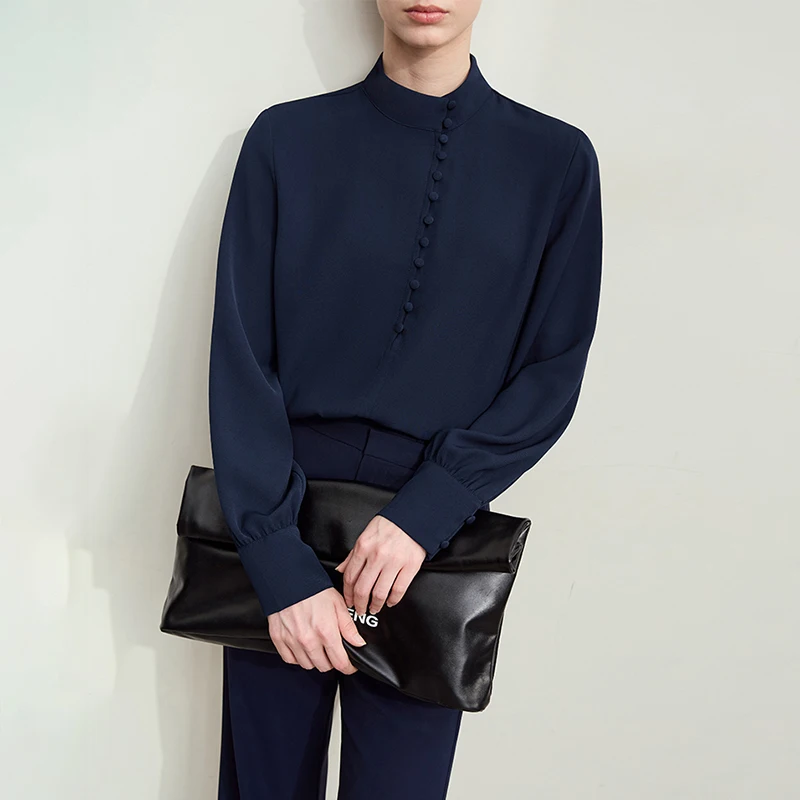 Amii Minimalism Camicetta da donna 2025 Autunno Moda retrò Colletto alla coreana Camicia basic casual in chiffon Manica lunga Top Lady 12443185