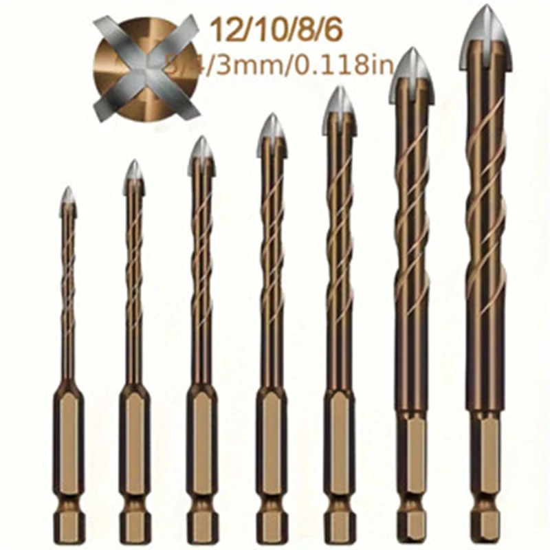 7pcs Copper Four Blade Cross Tungsten Steel Drill Bit Anti Slip Hexagonal Handle Drilling Drill Household Multifunctional