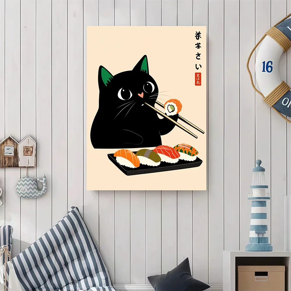 1pc frameless Canvas Painting 1PC-Unframed Canvas poster wall decoration  Black Cat Eating Sushi With Chopsticks Cute Kawaii Art