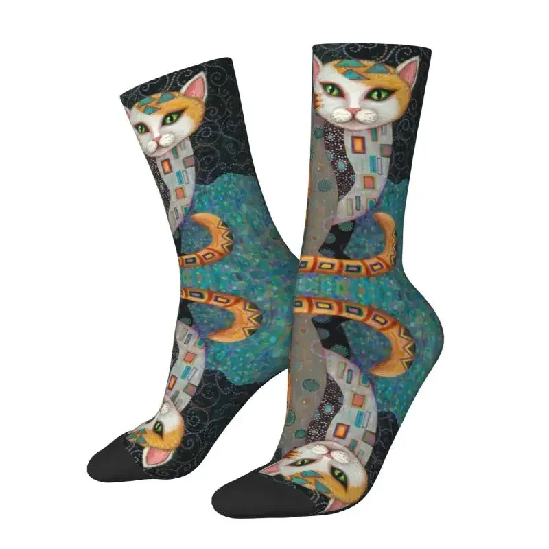 Gustav Klimt Cat Art Mens Crew Socks Unisex Novelty Vintage Painting Spring Summer Autumn Winter Male Dress Sock