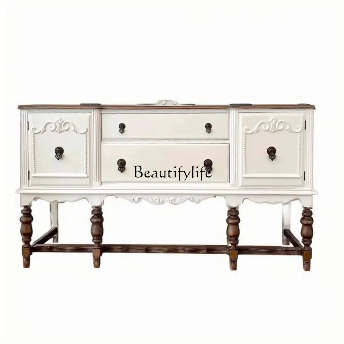 

French Retro White Entryway Cabinet Villa Decoration American Style Solid Wood Carved Color Block Sideboard Storage Cabinet