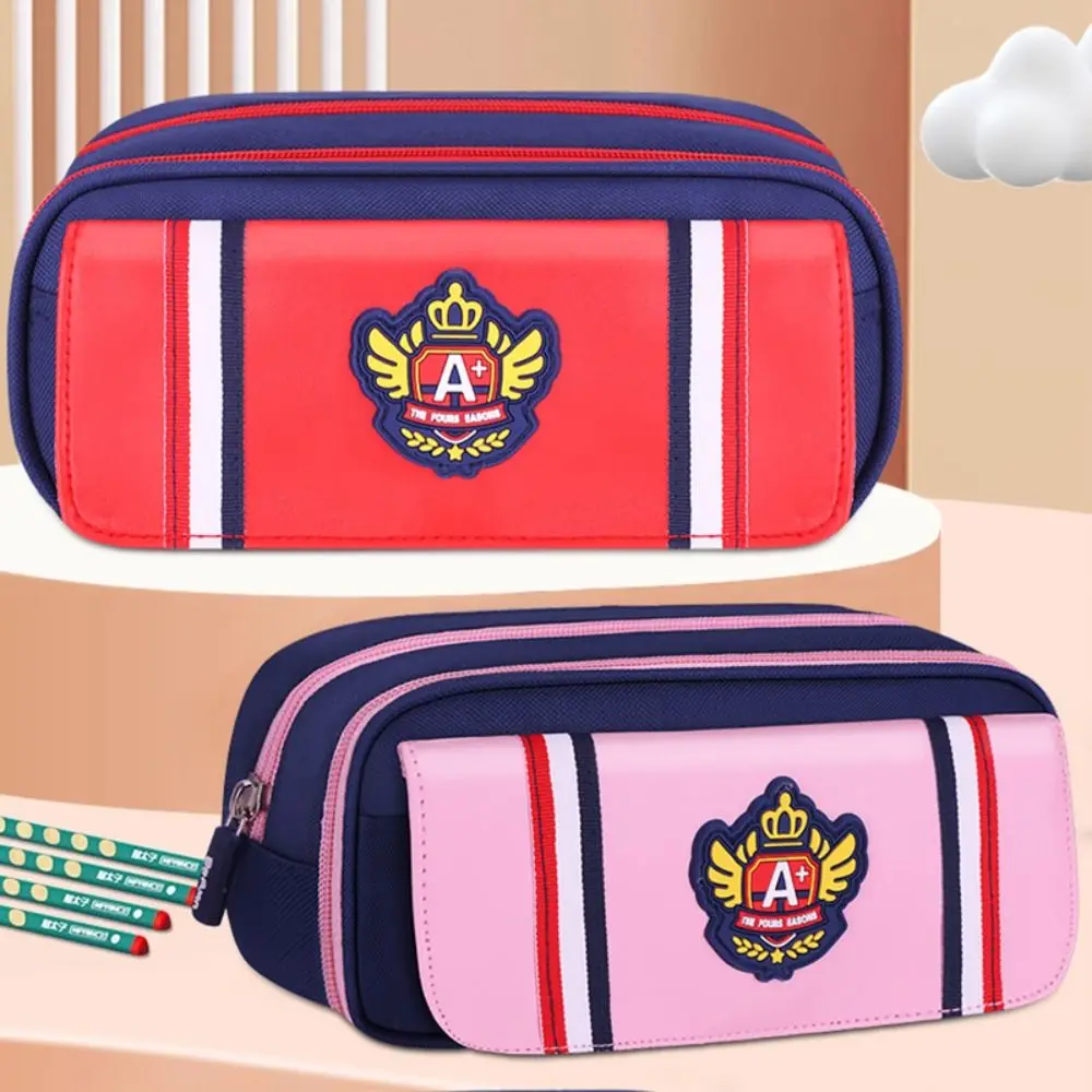 Bolsa de caneta estilo britânico de desenho animado, três camadas, multifuncional, estojo de lápis, grande capacidade, bolsa de papelaria, presente
