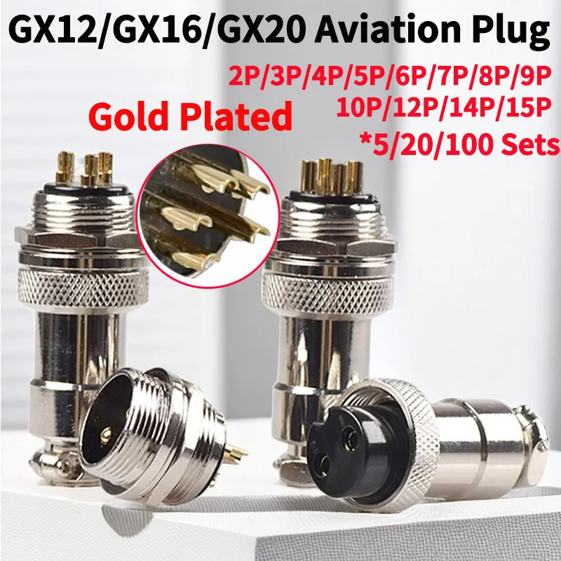 5/20/100Set Gold Plated GX20 GX12 GX16 Aviation Plug 2/3/4/5/6/7/8/9/10/12/14/15 Pin Butt Wiring Cable Connector Circular Socket