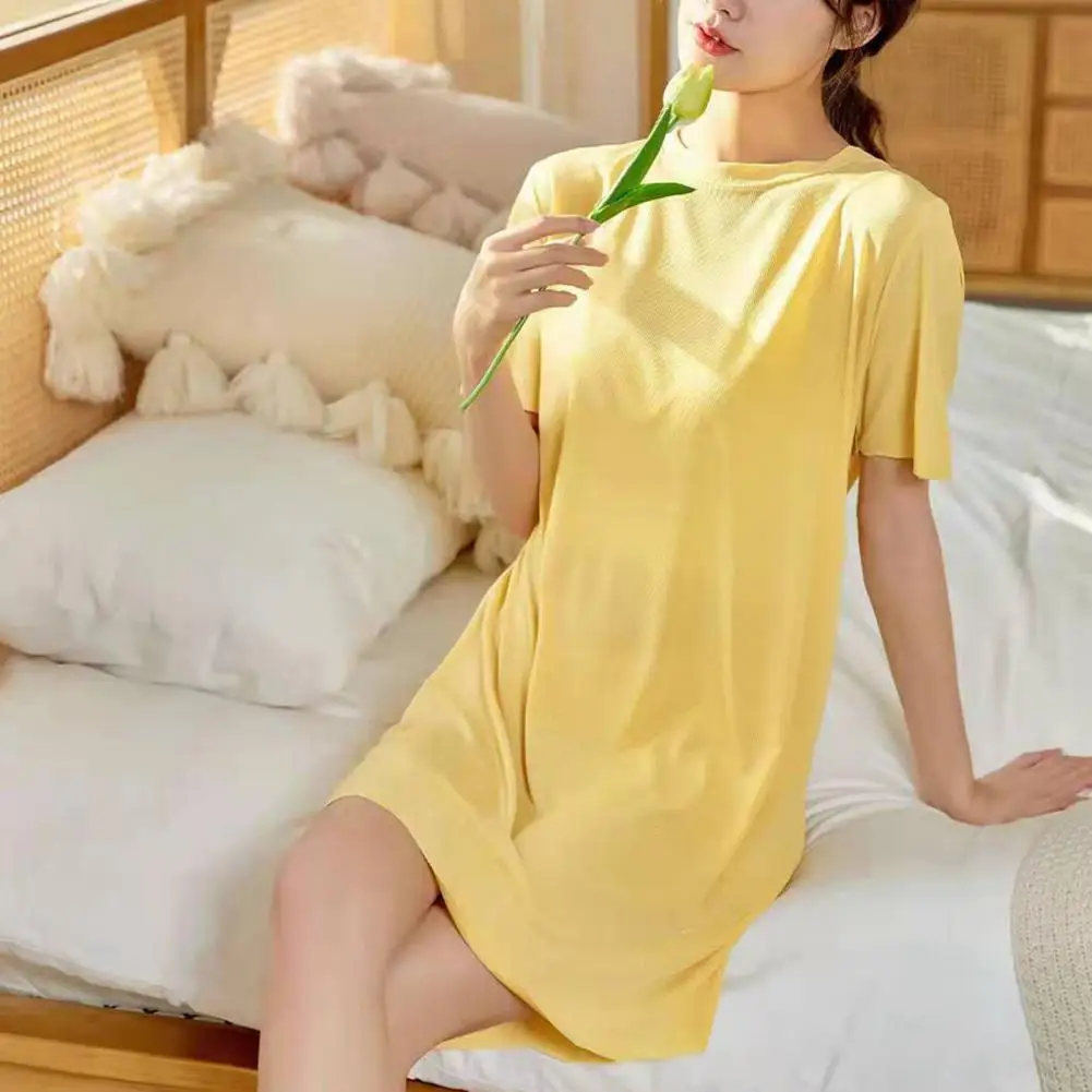 Summer Ice Silk Dress Round Neck Loose Short Sleeves Casual Clothes Homewear Pajamas Knee Length Nightdress