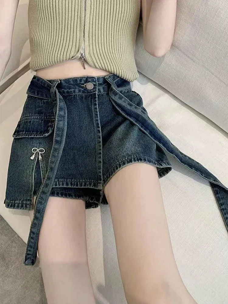 새로운 한국어 버전 디자인 감각 뜨거운 여자 레트로 데님 여성 a 라인 스커트 여름 높은 허리 모든 경기 반바지