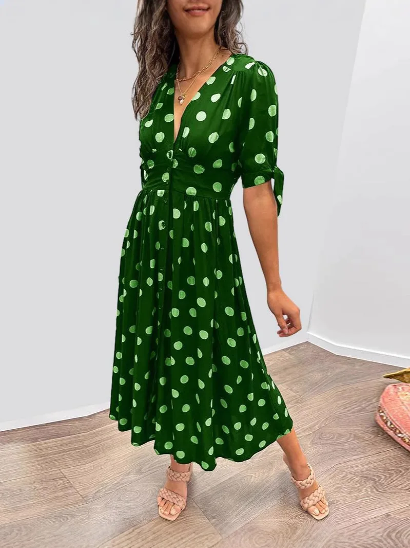 

Women's Summer Polka Dot Dresses Fashion Leisure Deep V Neck Single Breasted High Waist Lace-up Sleeve Midi Dresses Women