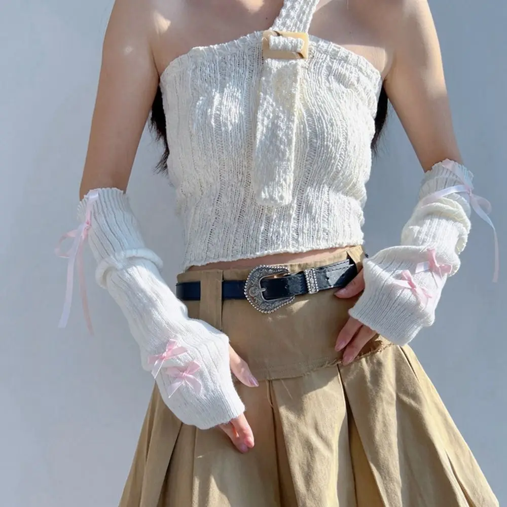 Elastic Y2K Warm Sleeves Bowknot Long Mittens Ballet Style Bow Knitted Arm Warmers Korean Style Sweet Fingerless Gloves
