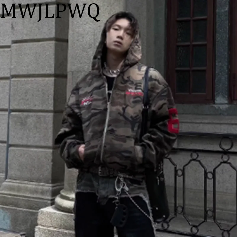 

MWJLPWQ Embroidery Camouflage Niche Design Hooded Sweatershirt Male Brushed High Street American Retro Zipper Tops Winter 010719