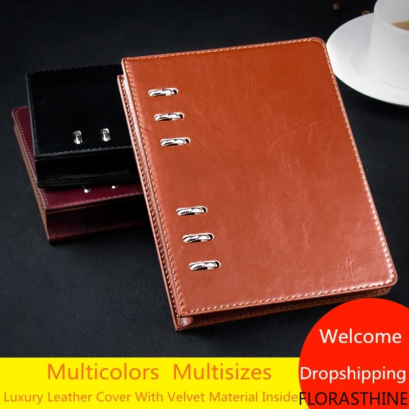 A5 a6 Brown Leather Hardcover Executive Journal Notebooks Binder Ring Logo Diary Organizer Planner with Velvet Inside