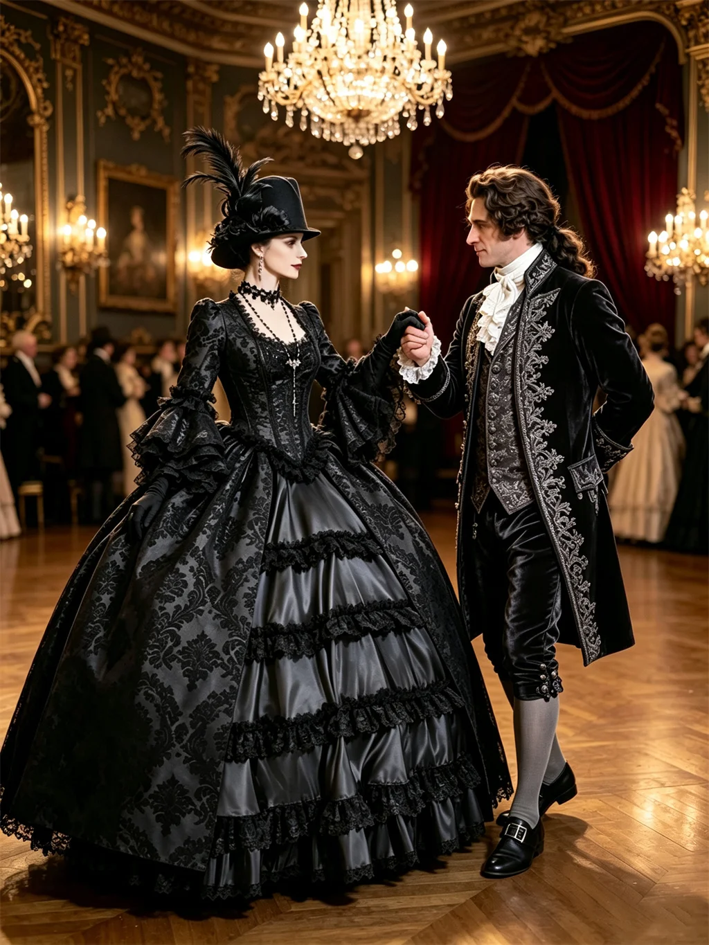 Viktorianisches Dunkles Königinnen-Kostüm Schwarzes Kleid Gotisches Steampunk Vampir-Brautkleid-Set Vintage Gotisches Fantasy-Kleid Maßanfertigung