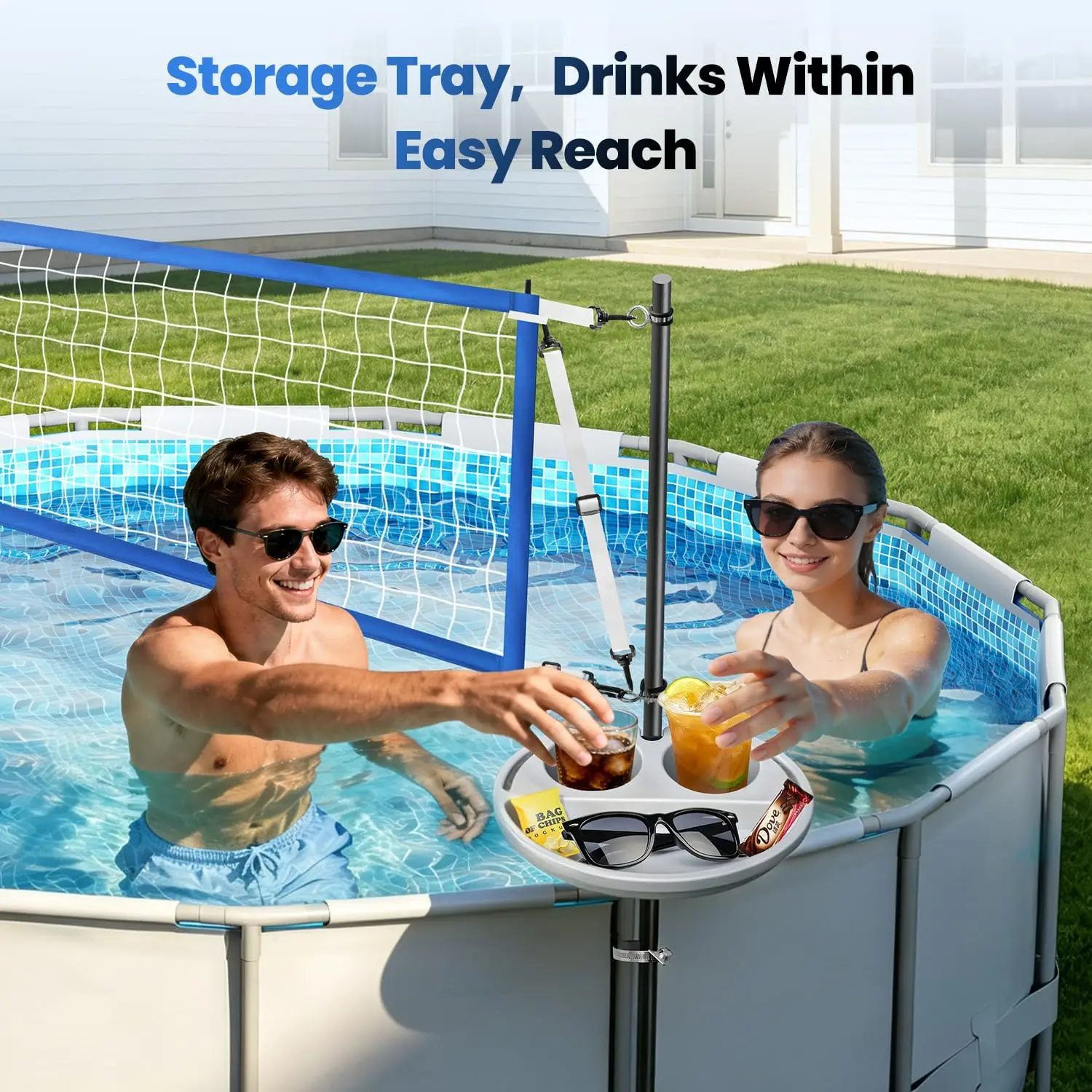 Volleyball Net Set for Above Ground Pools with Storage Tray – Adjustable 10-20 FT Width Anti-Sagging Pool Volleyball Net – Outdoor Poolside Game Accessories Includes Ball, Pump, Poles view 4