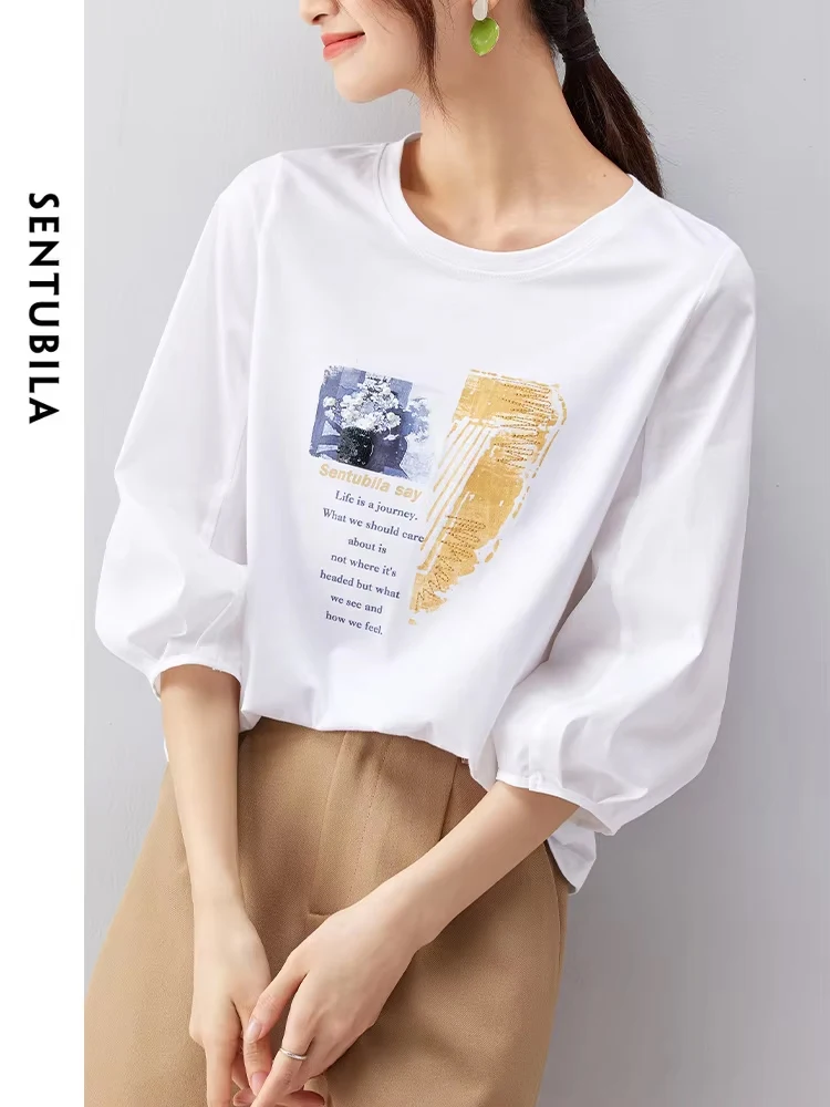 

SENTUBILA Simple O-Neck Tops for Women 2024 Summer Short lantern Sleeve Printing Letter Basics Straight Loose Fit Tee Shirts