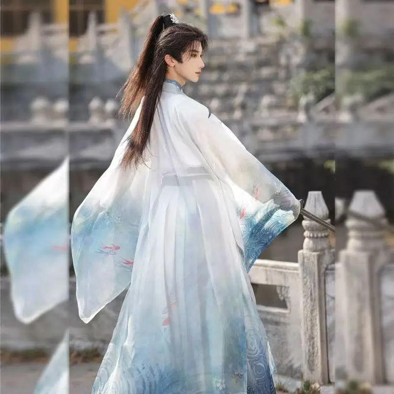 

Blue Water Fish Hanfu Men Women Traditional Weijin Period Cross Collar Costume Stylish Fairy Stage Suit Halloween Cosplay Outfit