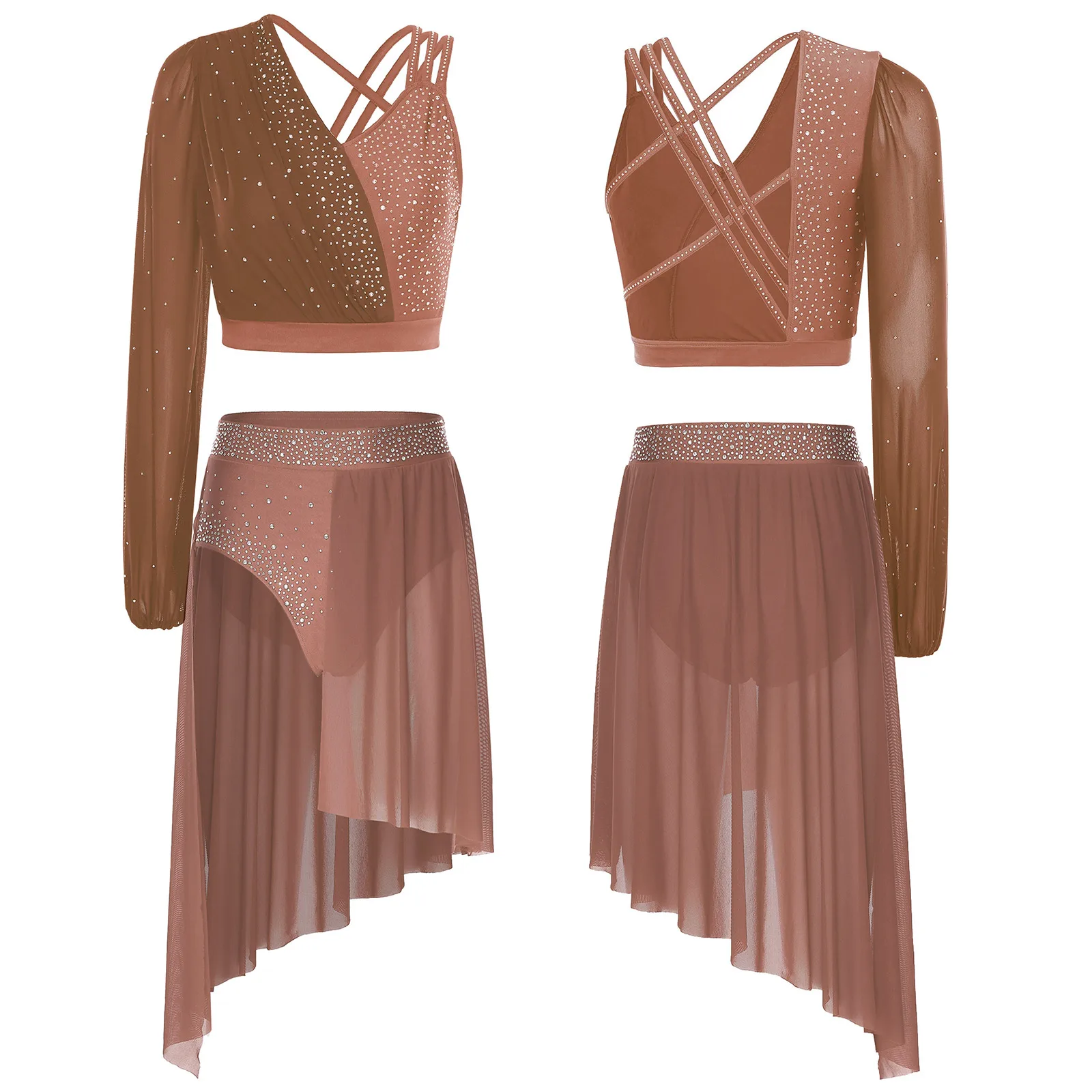 Stralend prestatie-ensemble Tango Jazzdanskostuum Crop Top en rok met bandjes aan de achterkant voor moderne danswedstrijden