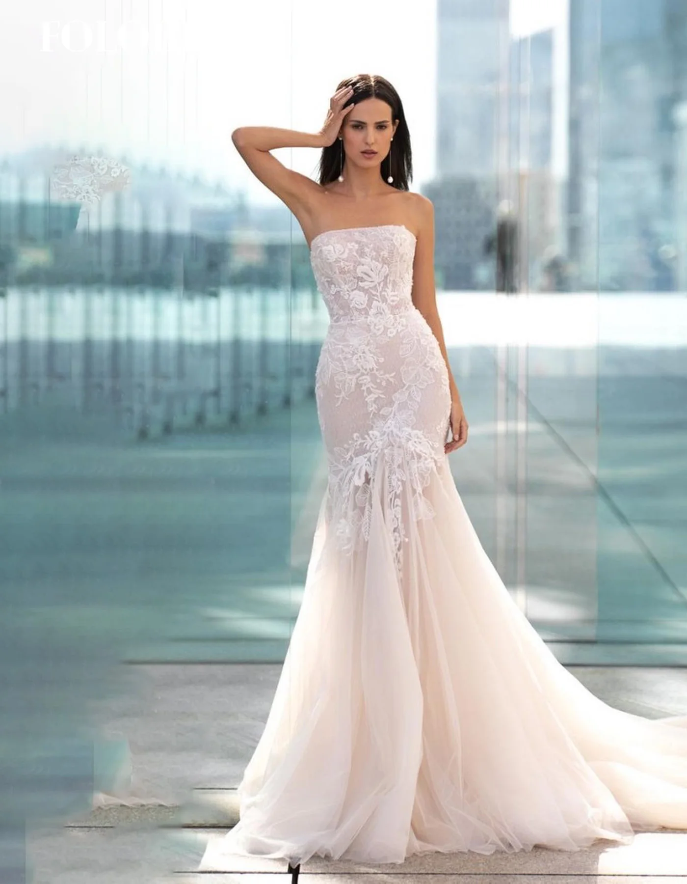 FOLOBE blanc bretelles sirène avec dentelle élégante sans manches robes de mariée balayage Train robe de mariée vestidos de noche personnalisé