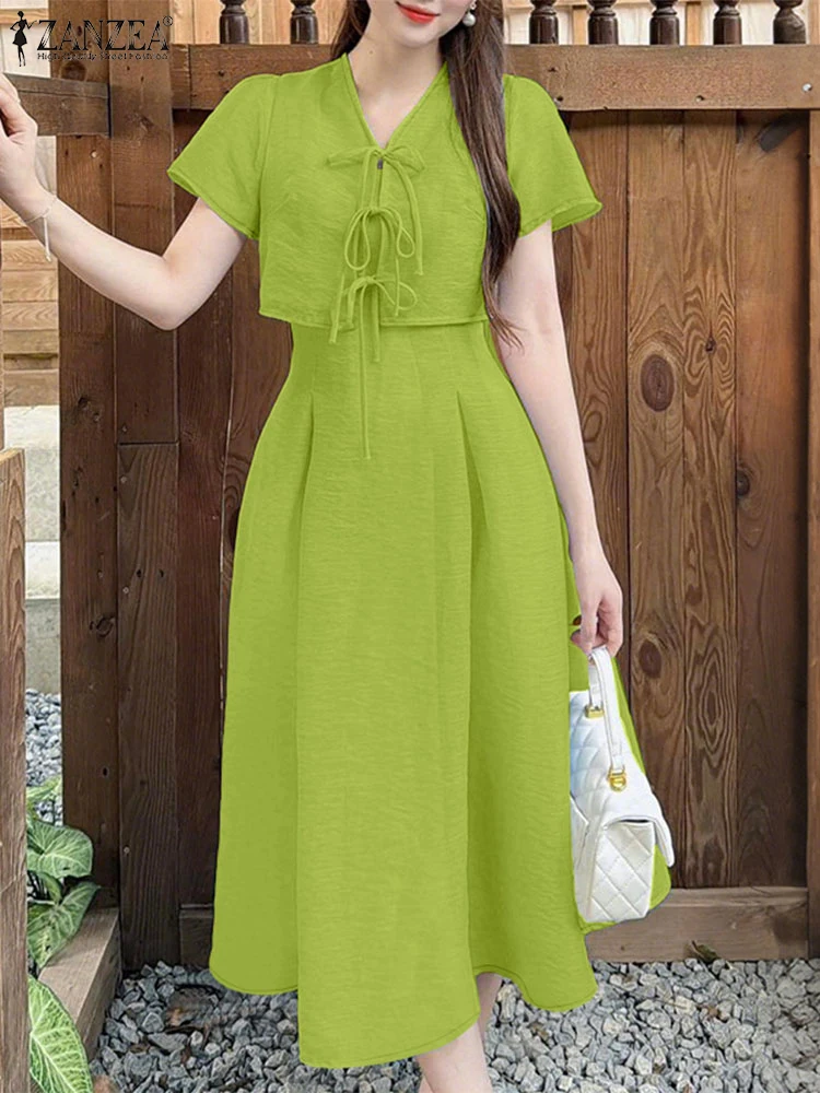 

ZANZEA Woman 2 Pieces Sets Fashion Tie Front Short Sleeve Cardigans & A-line Midi Camis Dresses 2pcs Outfits Holiday Dress Sets