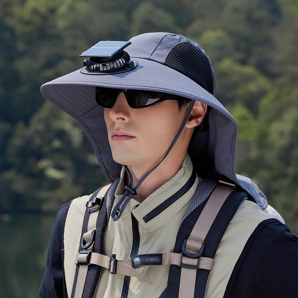 New Sun Hat Solar Fan Outdoor Fishing Sun Hat Wide Brim Breathable Fish Accessories Headwear With Neck Flap For Men Dad Travel
