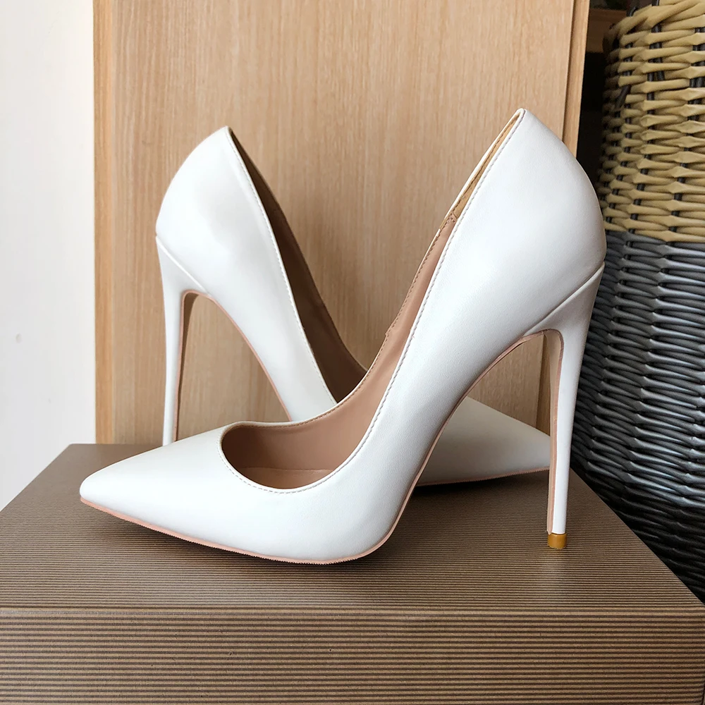 Veowalk White Matte Women Pointed Toe Slip On Stiletto Pumps Elegant Ladies 8cm 10cm 12cm High Heel Wedding Shoes Customizable