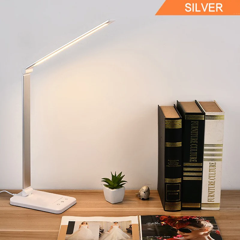 

Светодиодная металлическая складная настольная лампа USB, 5-скоростное затемнение и регулировка цвета, сенсорная лампа для чтения, защита глаз.