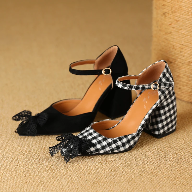 Plus Size Ultra-High Thick Heel Plaid Fabric Material Mary Jane Shoes With Tassels Decals Ankle Buckles Side Hollowed Out Sandal