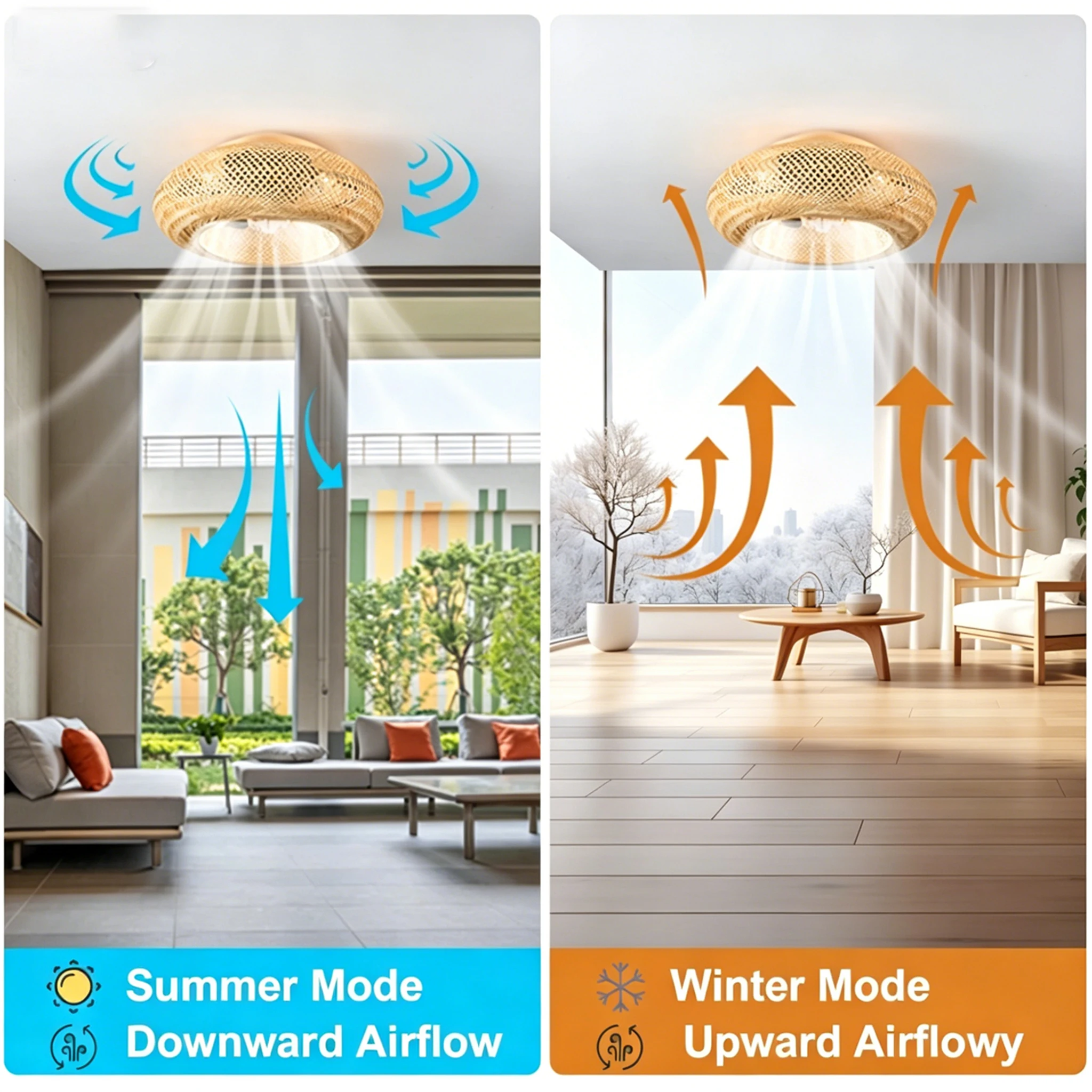 Bamboo Ceiling Fan Light Silent 6 Speed Ceiling Fans Bedroom Decor Ventilator Lamp Woven Rattan Invisible Blades Indoor Lighting