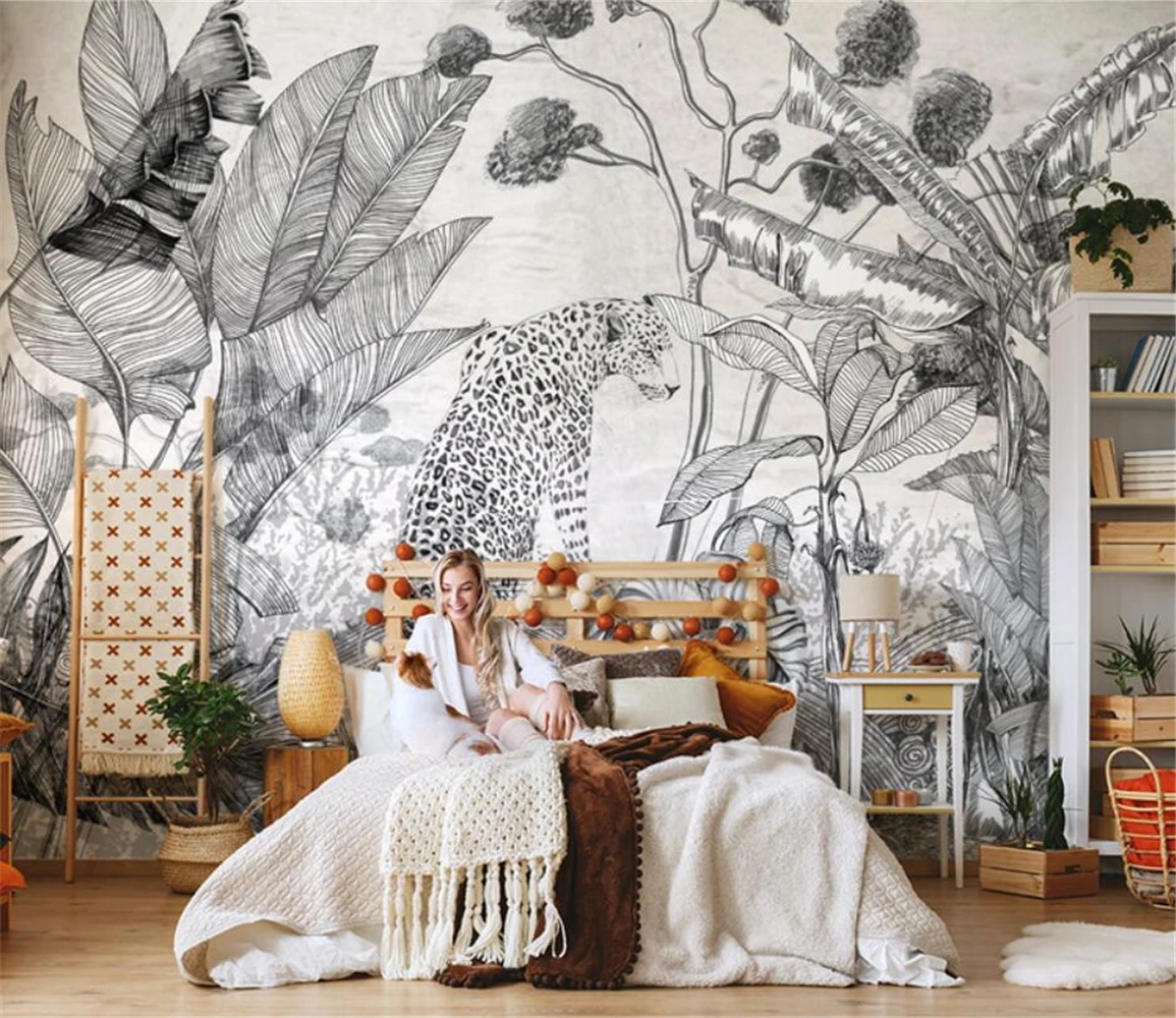 Custom Black White Retro Tropical Plants 3D Mural Wallpaper Stickers Living Room Background Wall paper Home decoration scenery