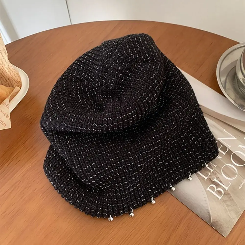 Retro Nail Beads Decorative Beanies Warm Cap Black Sequin Knitted Hat Wool Hat Jennie Style Knit Cap Warm