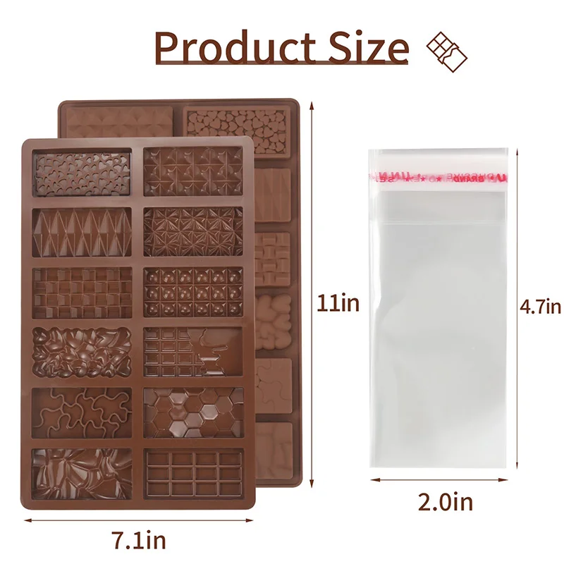 Chocolate Bar Mold Deep, 2Pcs Silicone Chocolate Wax Melt Mold, Break Apart Non-stick Thick Chocolate Bar Molds with 100Pcs Bags