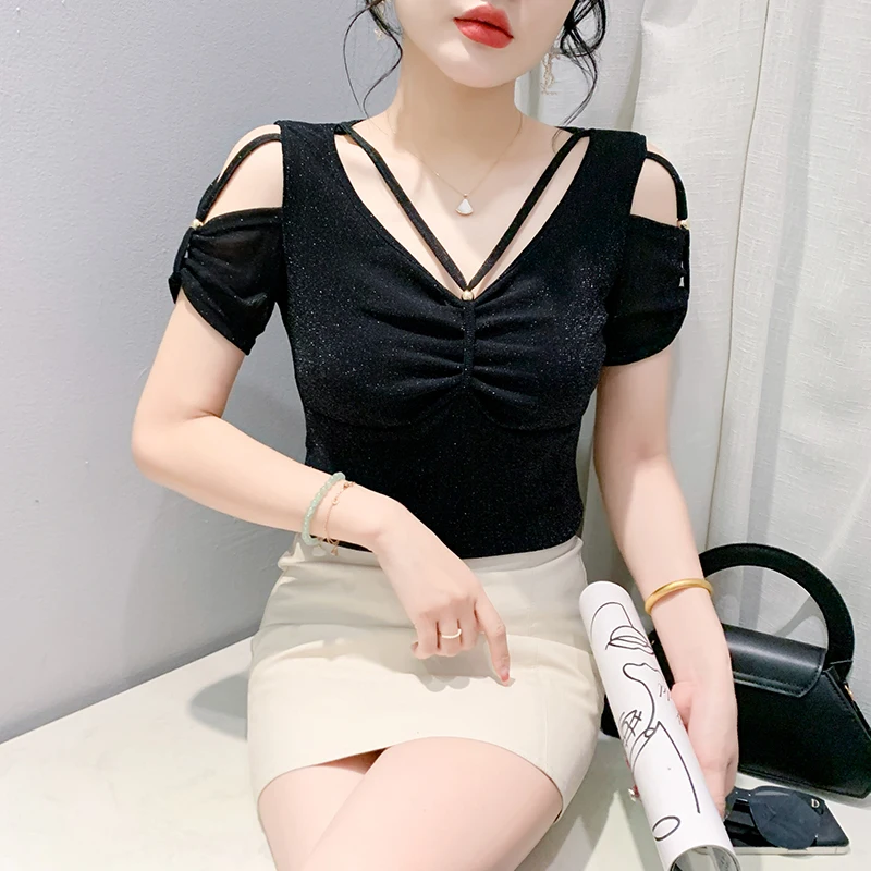 Summer New Sexy Mesh T-Shirt Elegant Slim Hollow V-neck Short Sleeved Solid Color Women\'s Top