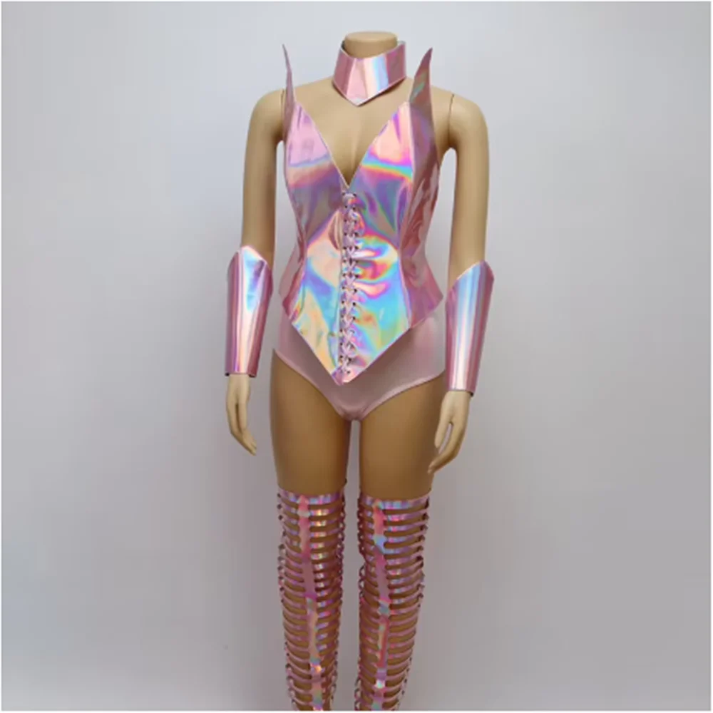 レーザーアーマージャンプスーツゴーゴーショーステージ衣装ドラッグクイーン服ナイトクラブバーカラーズレイブウェアカーニバルファンシーコスチュームピンクyj750