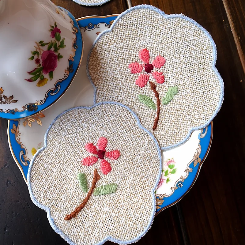 2pcs Cotton and linen cute handmade woolen embroidery cup creative cushion patch thick 10CM