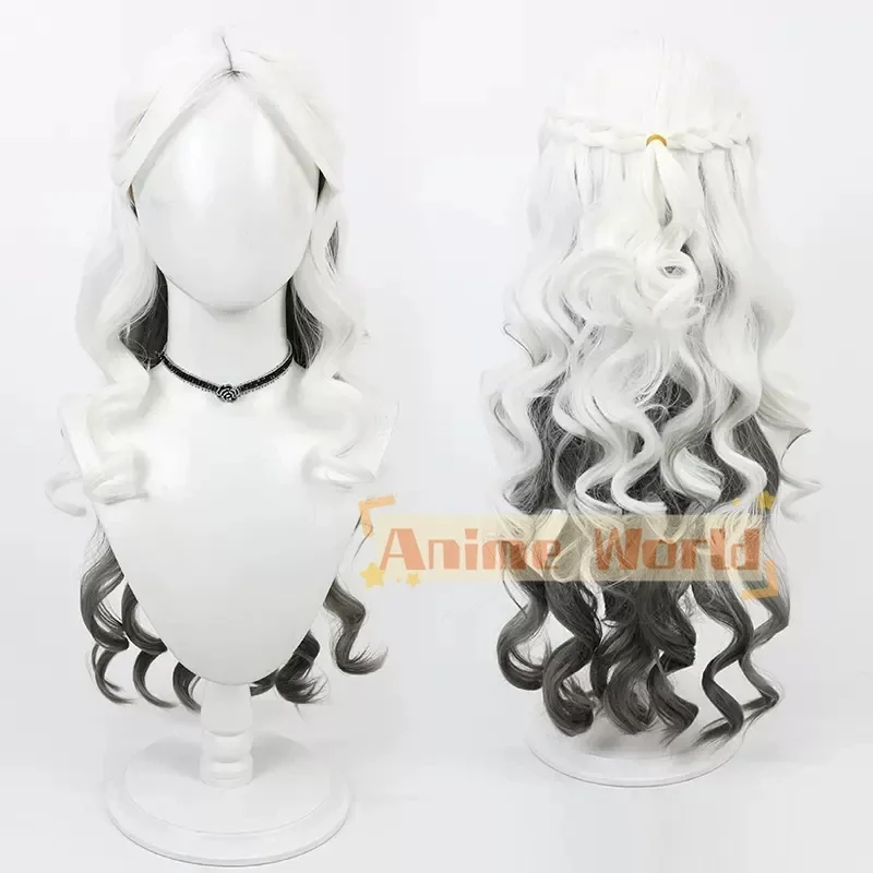 Perruque de cosplay Ada Mesmer de Game Identity V, cheveux longs bouclés blancs dégradés gris, psychologue survivant + bonnet de perruque