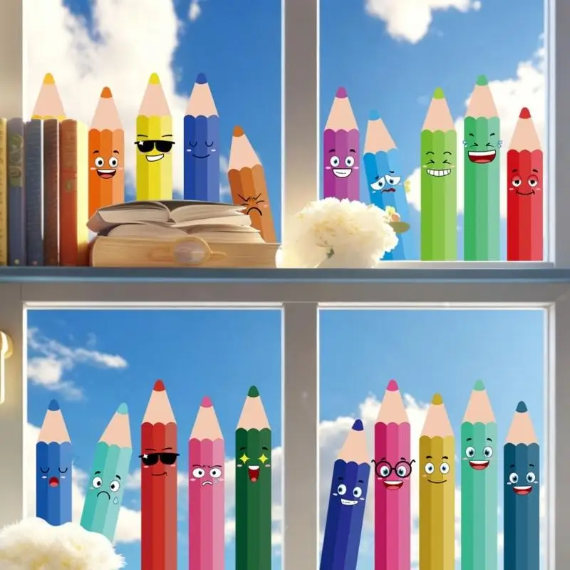 Classroom Window Decal Back to School Colored Pencil Motifs Design, 8 Sheets Static Cling Sticker for Glass Window, Mirror, 87HA