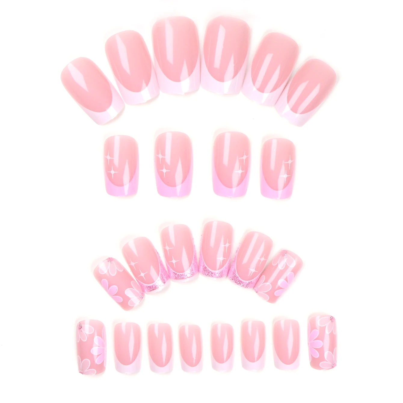 24 pezzi Migliora il tuo look con set di unghie finte progettate con fiori francesi rosa 1 lima per unghie e 1 kit di adesivi per colla per unghie