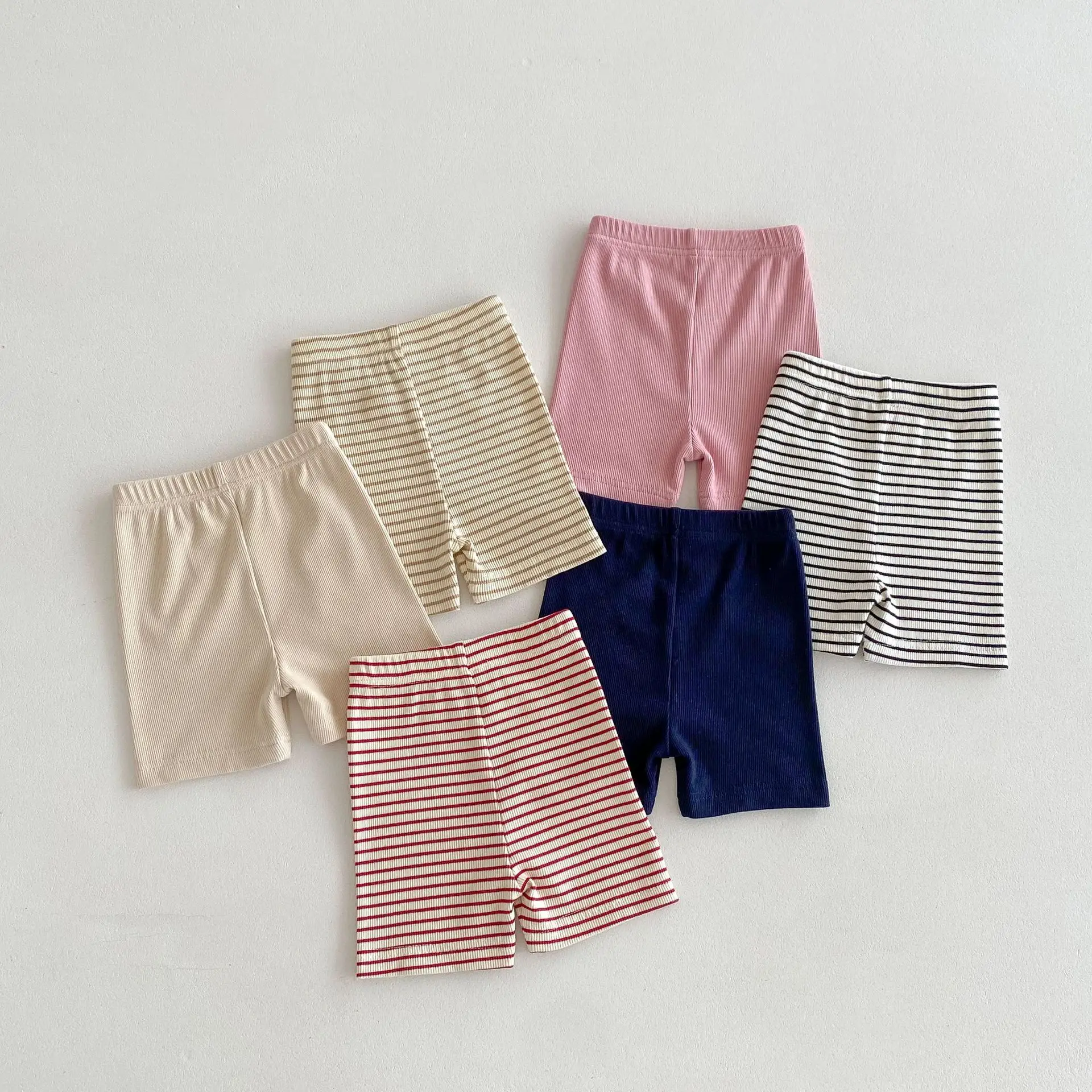 2024 Summer New Thin Girl Children Loose Striped Shorts Fashion Boy Baby Cotton Mid Pants Kid Solid Casual Knee Length Trousers