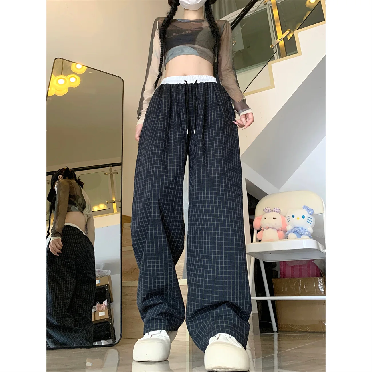 

Retro Elastic Plaid Contrast Color Wide Leg Pants Women Autumn Loose Casual Straight Trousers