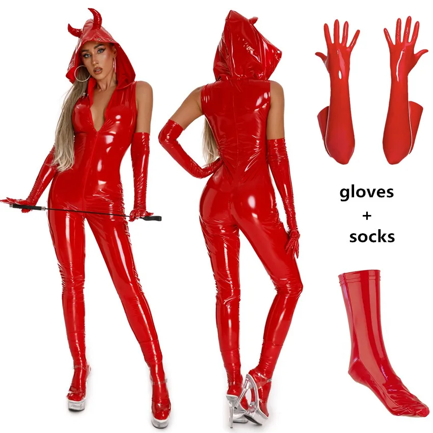 

Adult Naughty Demon Cosplay Costume Women Sexy Wetlook Leather PU Zipper Open Crotch Bodysuit Tights One-piece Jumpsuit Clubwear