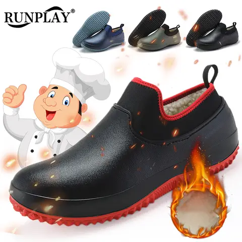 Men Women Winter Chef Shoes Warm Fur Work Cook Shoes Waterproof Oil-proof Kitchen Boot Hotel Restaurant Non-slip Safety Footwear