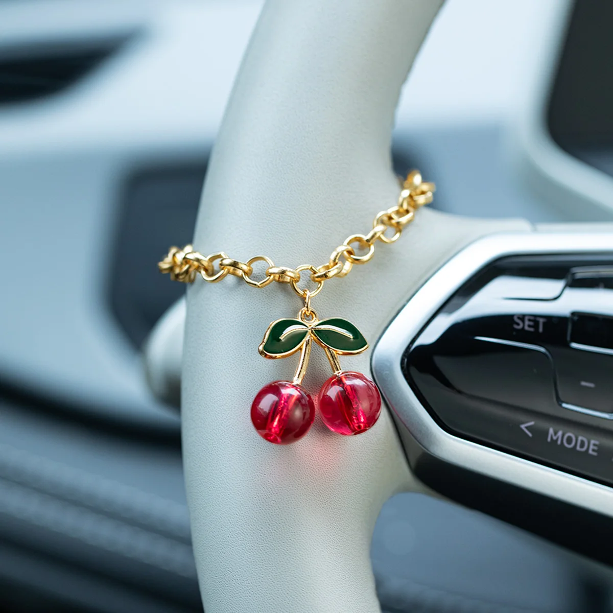 Cherry Car Steering Wheel Strap Pendant, Cute Handle Decor Ornament, Internet-Famous Car Interior Accessory for Girls