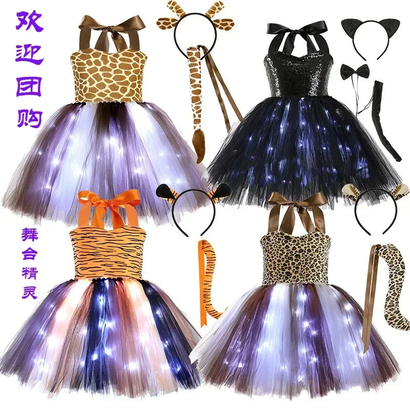 Halloween girl cat costume led light glowing dress