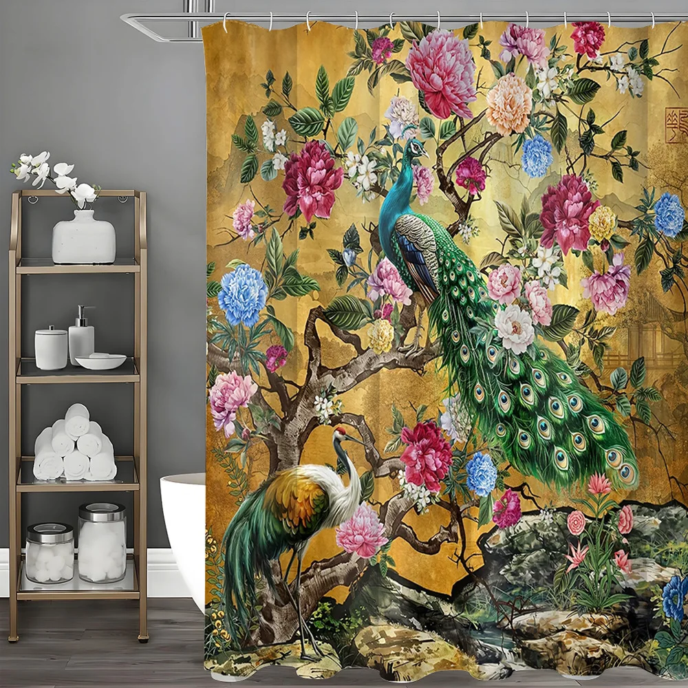 

Креативная занавеска для душа с цветами пиона и павлинами, моющаяся грязеотталкивающая насадка для душа, водонепроницаемая полиэстеровая занавеска для ванны