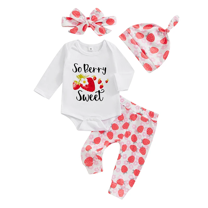 

Baby Girl 1st Birthday Outfit Long Sleeve Romper with Strawberry Print Pants and Hat Headband 4 Pcs Set