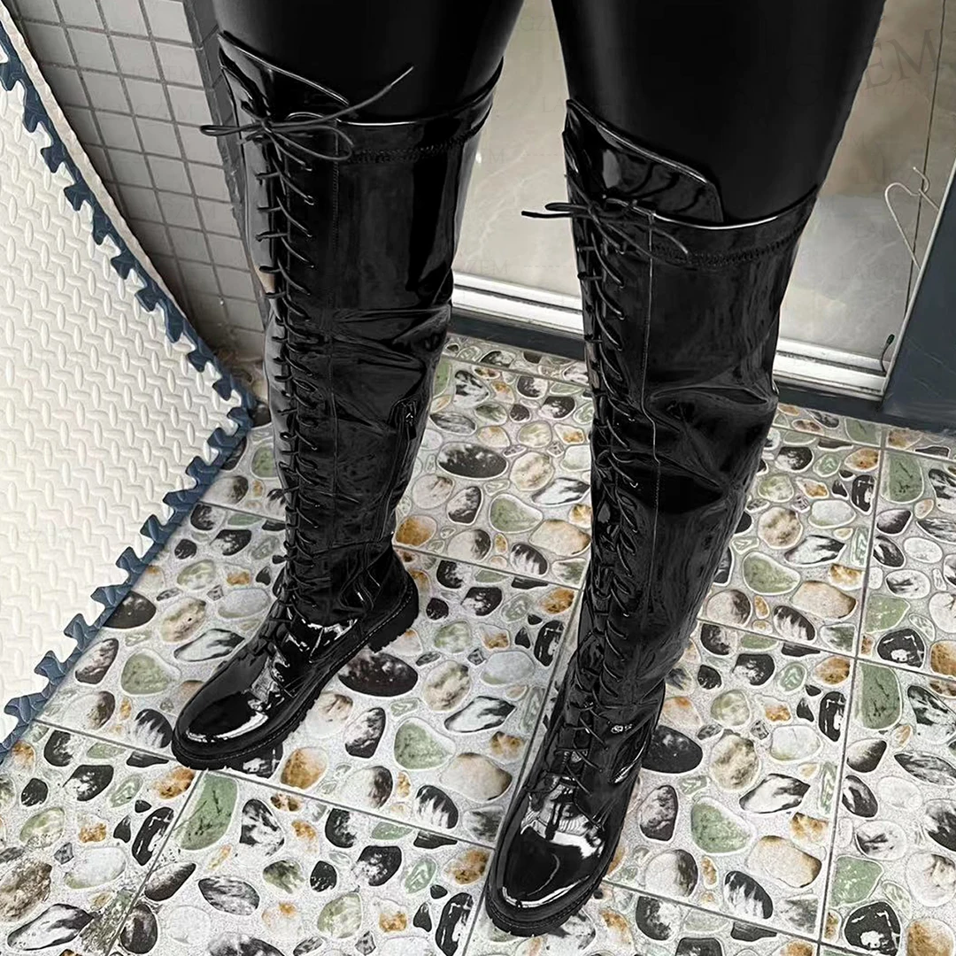 LAIGZEM Women Over Knee Boots Shiny Round Toe Wide Calf Friendly 5CM Mid Heels Boots Side Zip Shoes Woman Big Size 33 41 46 50