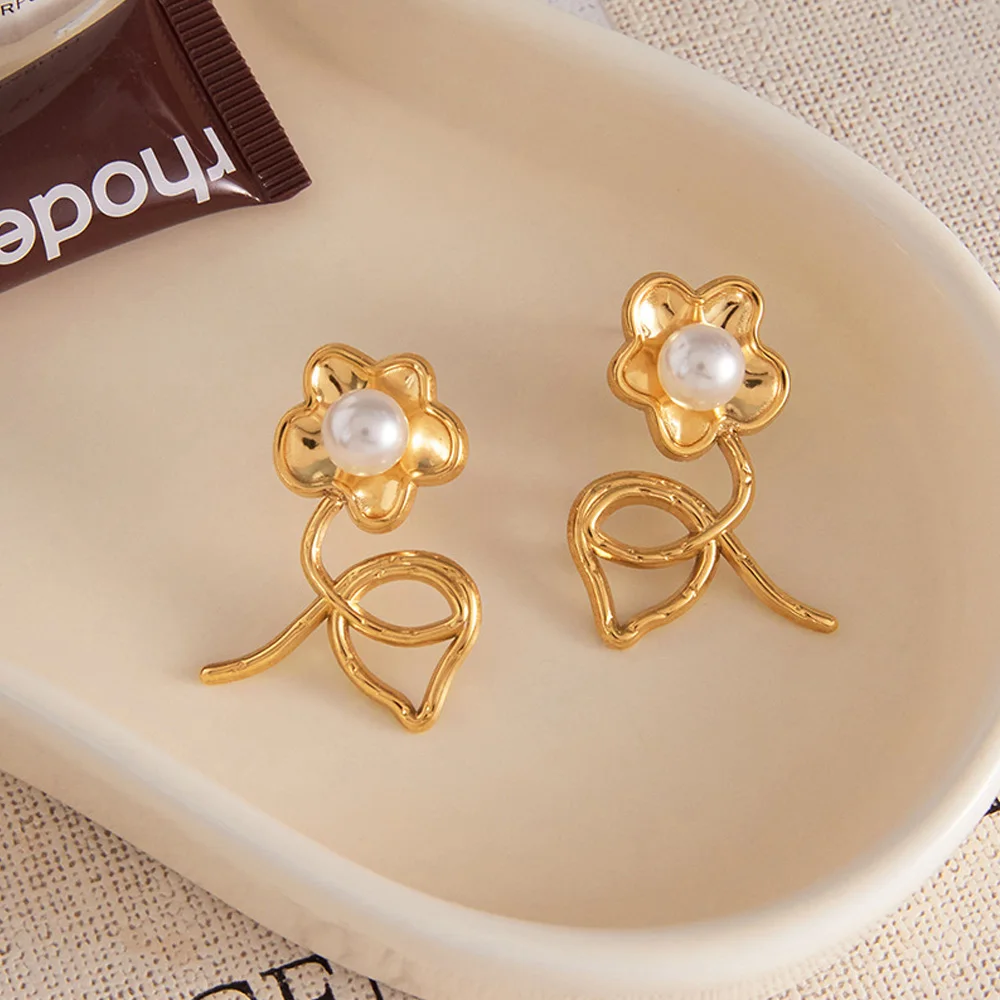 

Women Flower Pearl Stud Earrings Stainless Steel Light Luxury Fashion Earring Jewelry Gifts High Quality