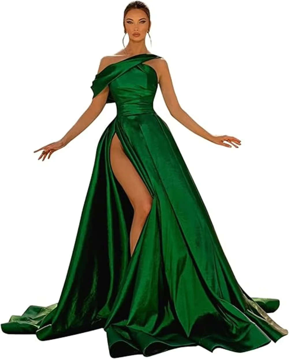 فساتين سهرة زمردية مكشوفة الكتف 2025 من الساتان مطوي برباط على شكل حرف a فتحة جانبية سويب تراين فستان زفاف الضيوف حسب الطلب