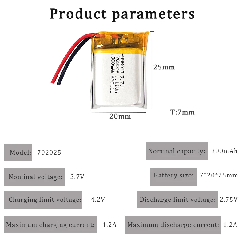 702025 300mAh 3.7V Polimerowa Bateria Litowa Li-Po Akumulator do Słuchawek Bluetooth Głośnika Myszki Bezprzewodowej MP3/MP4 — zdjęcie produktu 5