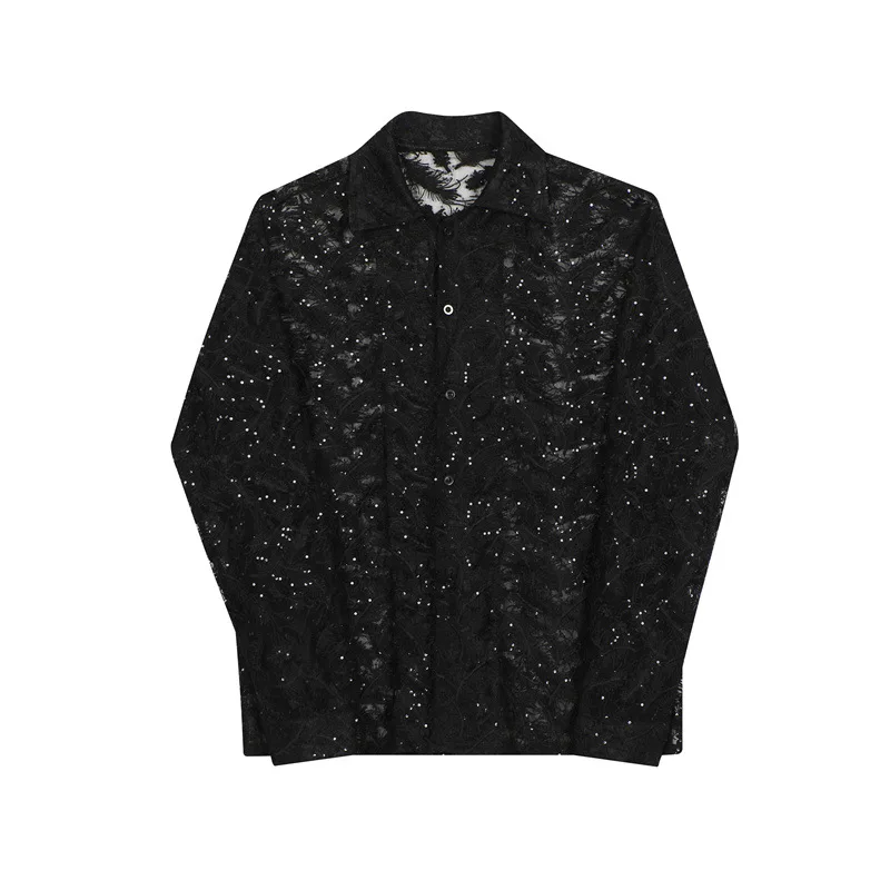 Men Clothing 2023 Sexy Men Shirts Black Feather Hollowed Out Sequin Lapel Long Sleeve Streetwear Transparent Button Fashion