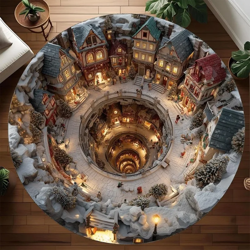 3D-Spirale, Schneedorf, runder Teppich, Loch, Winter, verschneite Straßen, Dekor, Teppich, verträumte Märchen-Stil-Matte für Wohnzimmer, Schlafzimmer
